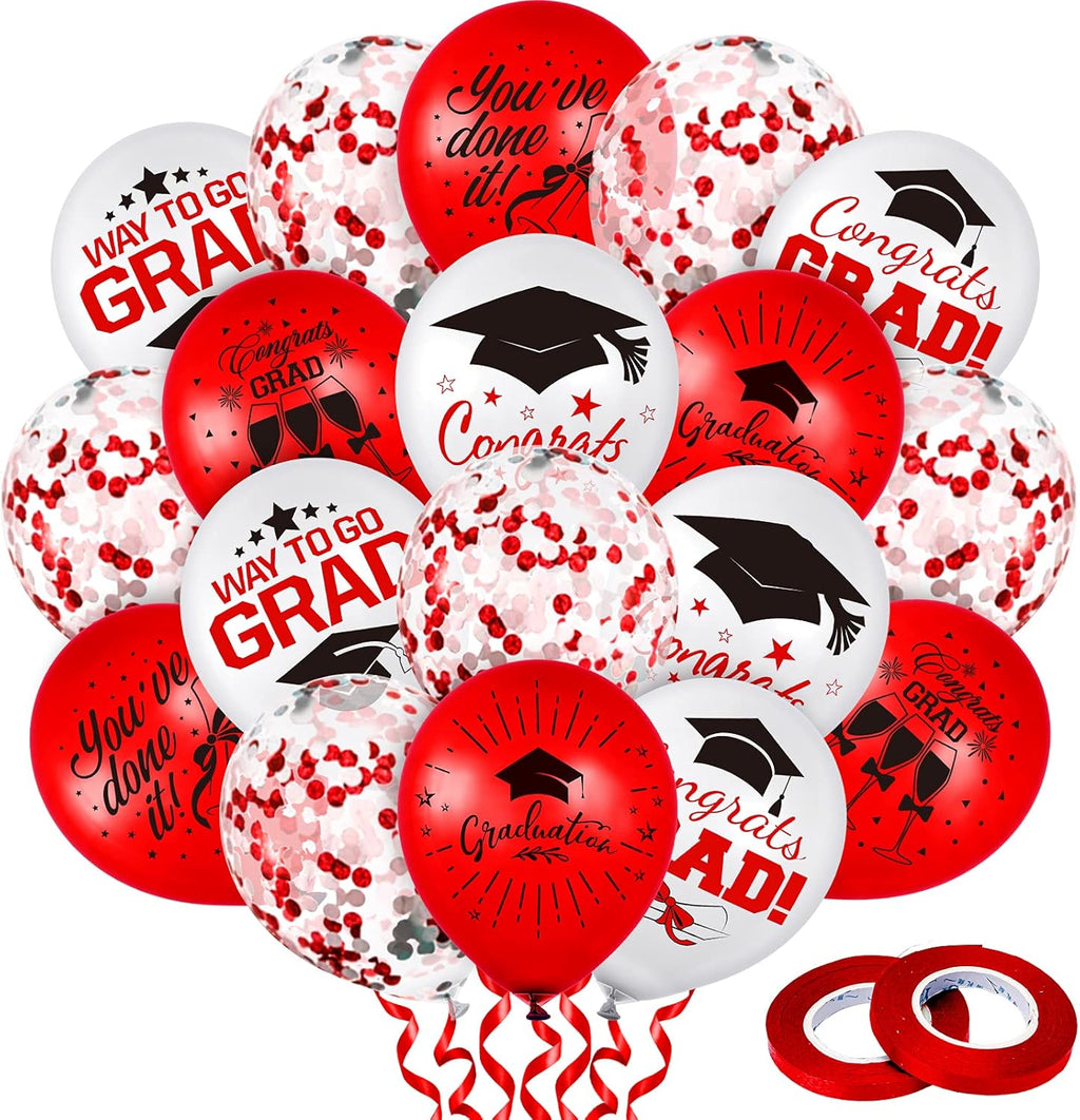 Whaline Graduation Party Balloons Set - 60 Pcs Confetti Latex Balloons with Red Ribbon | Red & White Designs