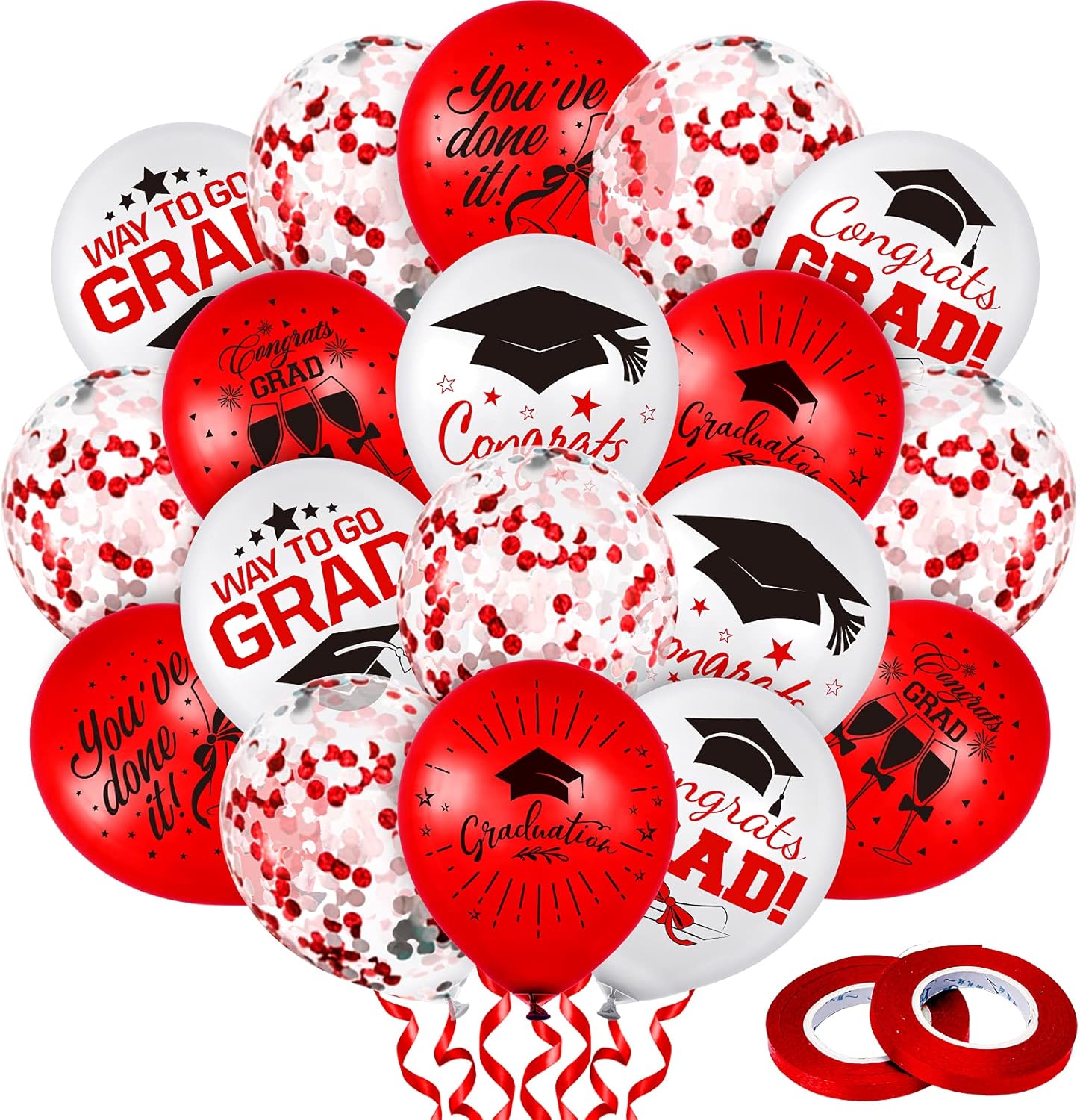 Whaline Graduation Party Balloons Set - 60 Pcs Confetti Latex Balloons with Red Ribbon | Red & White Designs