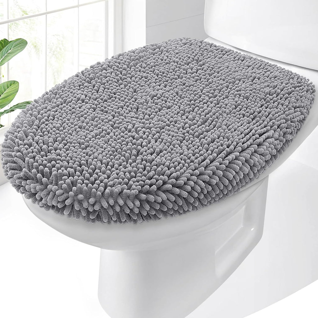 OLANLY Soft Chenille Toilet Lid Cover - Machine Washable, Non-Slip Rubber Backing, Gray, 17.5x15