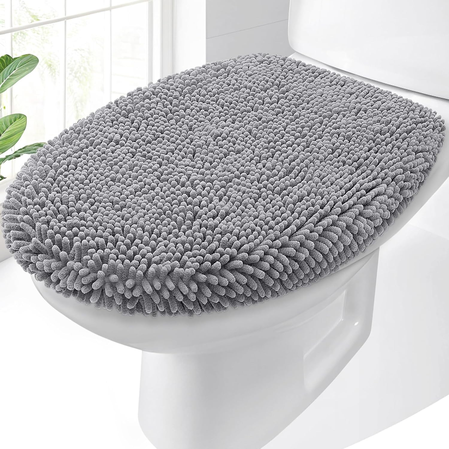 OLANLY Soft Chenille Toilet Lid Cover - Machine Washable, Non-Slip Rubber Backing, Gray, 17.5x15