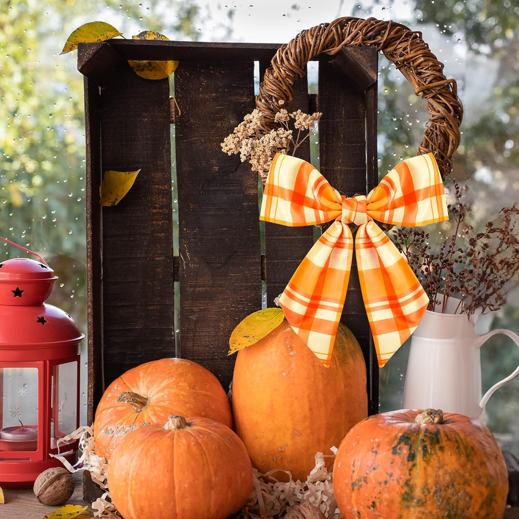 WATINC Wreath Sash - Autumn Orange 2-Piece Buffalo Check DIY Bow for Front Door Decor | Thanksgiving Satin Sash (56'' x 4.5'')