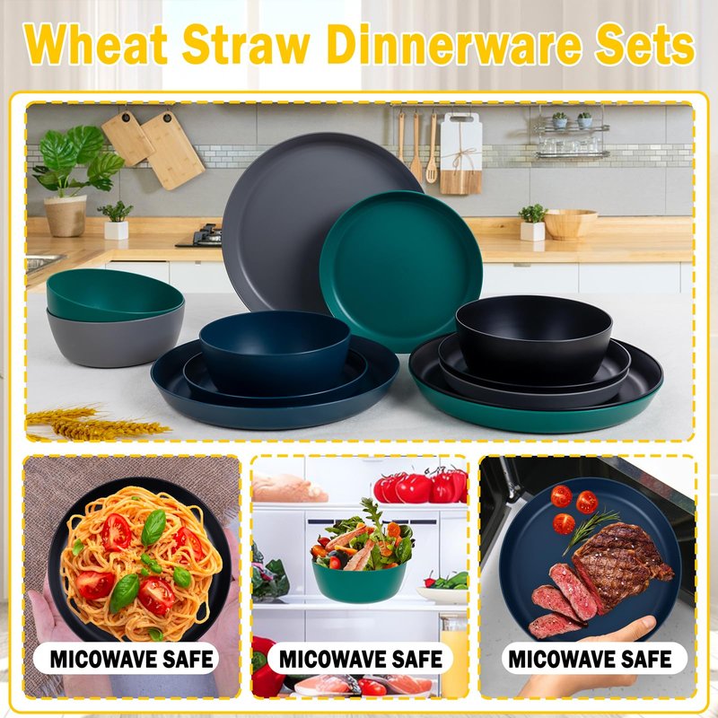 EI 12pcs Wheat Straw Plates,Plastic Plates Reusable,Unbreakable Plastic Plate,Wheat Straw Dinnerware Set,Melamine Plate-Black,Dark Grey,Dark Green,Dark Blue,Dinner, Camping,Picnic
