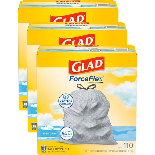 Glad ForceFlex Trash Bags - 13 Gallon, Fresh Clean Scent, 110 Count, Pack of 3