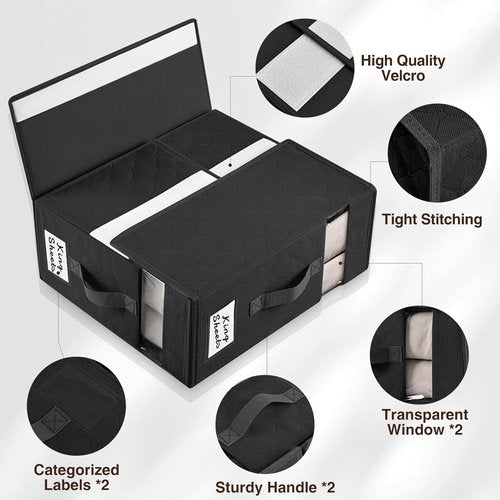 Homsorout Bed Sheet Organizers - Foldable Linen Storage with Window & Labels | XL Black 6-Pack for Bedding