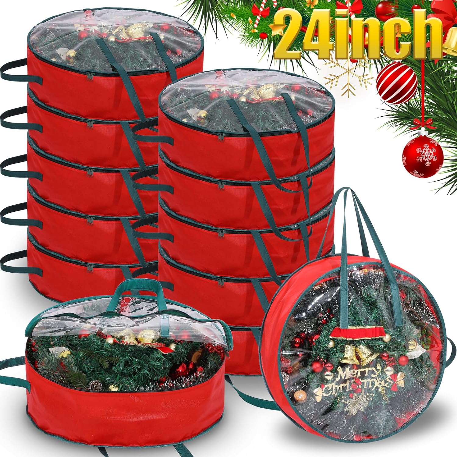 Shappy Wreath Storage Bag - 12 Pcs Clear Container with Window & Handle for 24-Inch Holiday Wreaths
