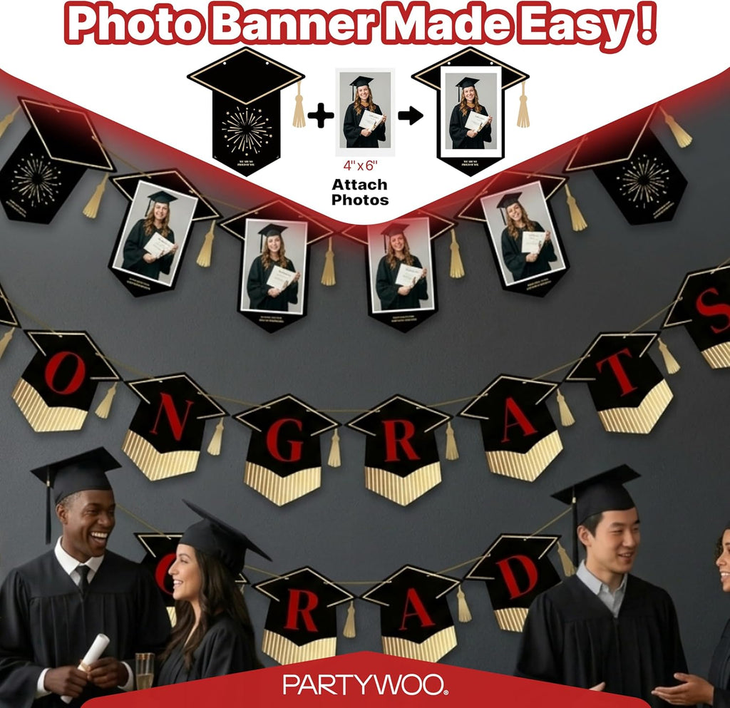 PartyWoo Graduation Banner - Class of 2026 Black and Red Decorations | 2-Piece Hanging Congrats Grad Supplies