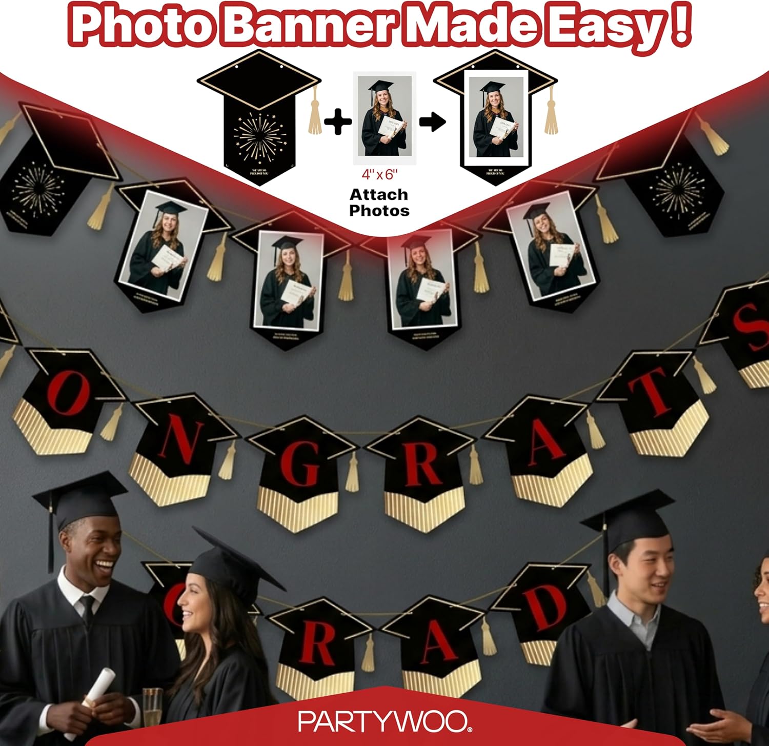 PartyWoo Graduation Banner - Class of 2026 Black and Red Decorations | 2-Piece Hanging Congrats Grad Supplies