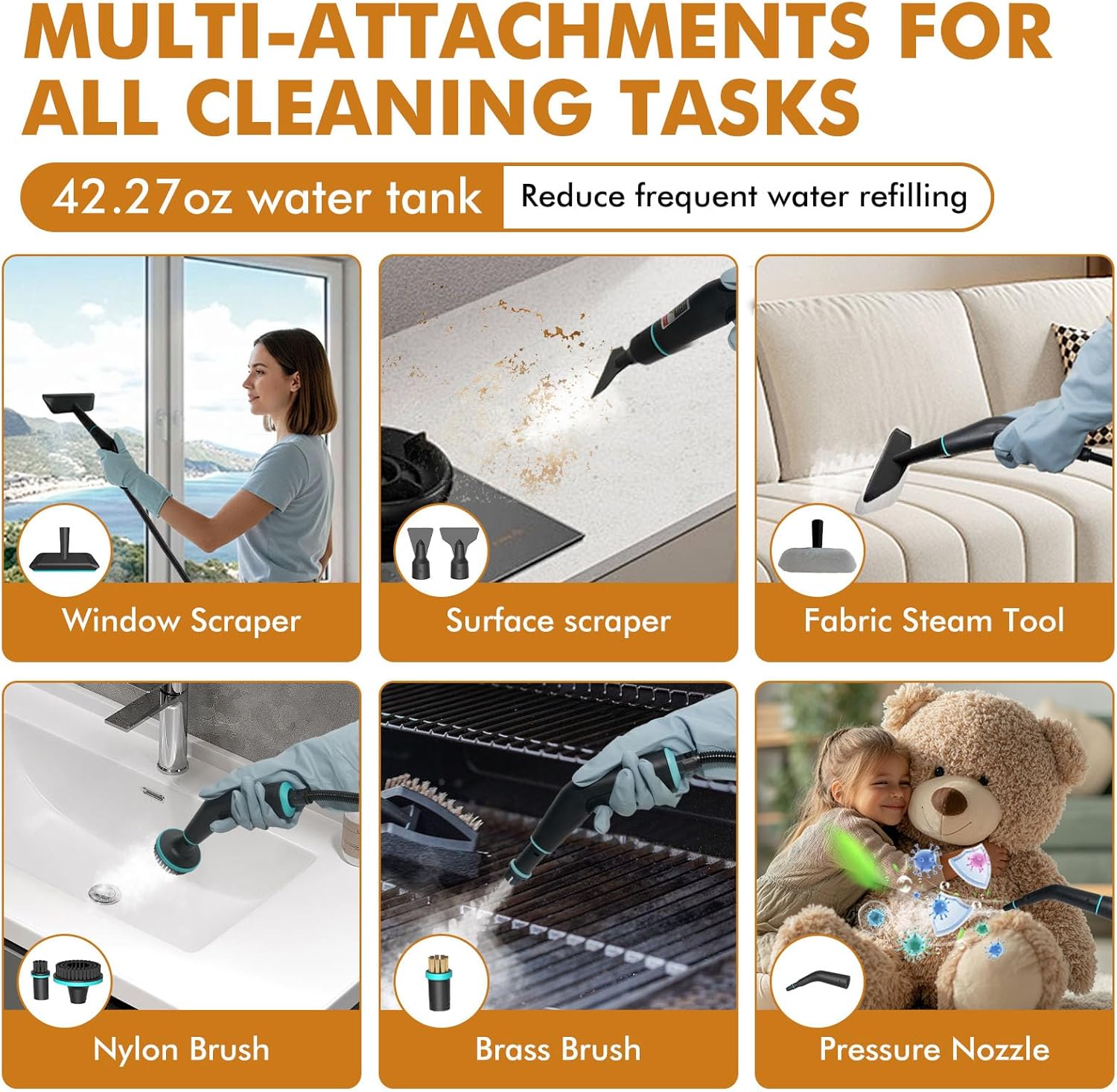 Skiennix Handheld Steam Cleaner - 15s Fast Heat-Up, 42.27oz Tank, 2500W Power | 15 Accessories Included