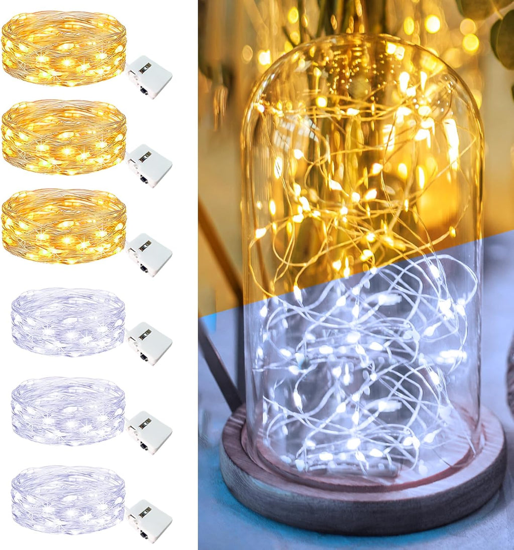 Skiennix 6 Pack Fairy Lights - 7ft Battery Operated Mini String Lights | Waterproof Twinkle Lights for DIY Decor - Warm & Cold White