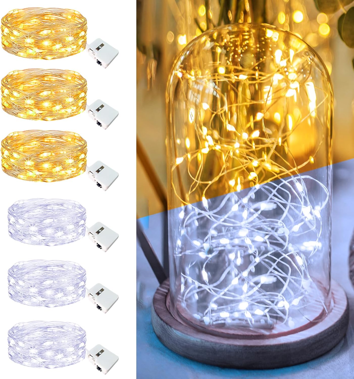 Skiennix 6 Pack Fairy Lights - 7ft Battery Operated Mini String Lights | Waterproof Twinkle Lights for DIY Decor - Warm & Cold White
