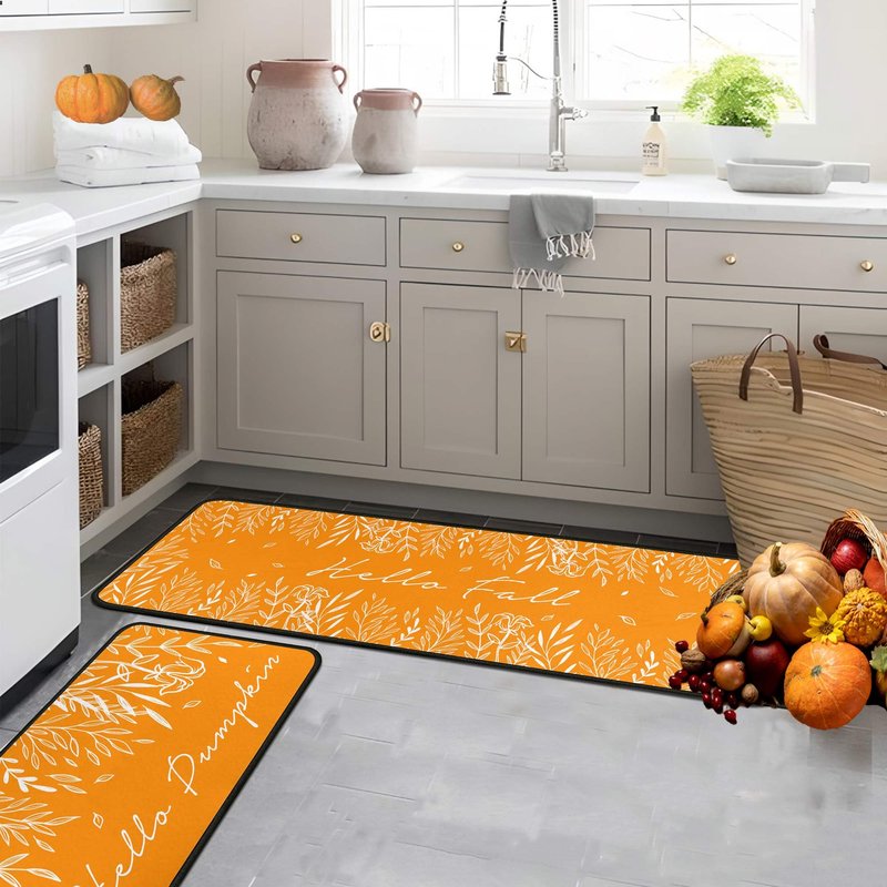Putware Fall Kitchen Rugs and Mats Set of 2, Fall Decorations for Home Non Slip Backing Thanksgiving Kitchen Rug Seasonal Farmhouse Holiday Autumn Decor Kitchen Floor Mat 17"X47"+17"X30"