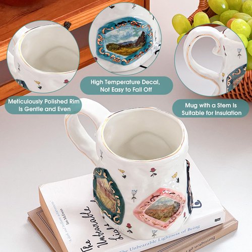 Large Ceramic Coffee Mug, Pretty Flower Cup with Big Handle, Funny Cute Tea Design for Office and Home,Unique Gift for Women and Tea Lovers