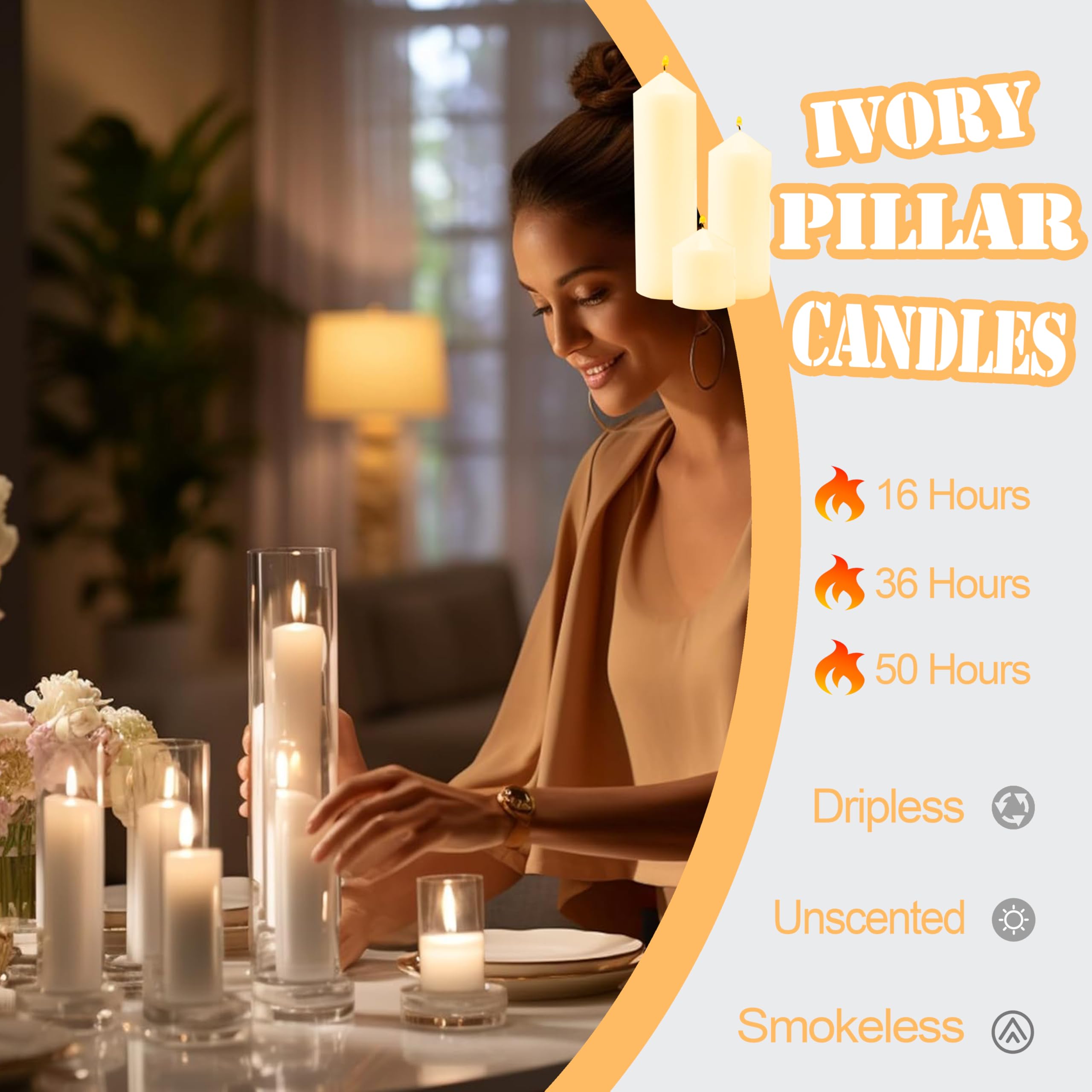 Veiuwa 18 Pcs Ivory Pillar Candles Bulk Set，2x3 2x6 2x8 Inch - 12 Each Size，Hurricane Candles，Dripless Unscented Smokeless，Gives You a Better Atmosphere When Organizing Wedding or Event Party.