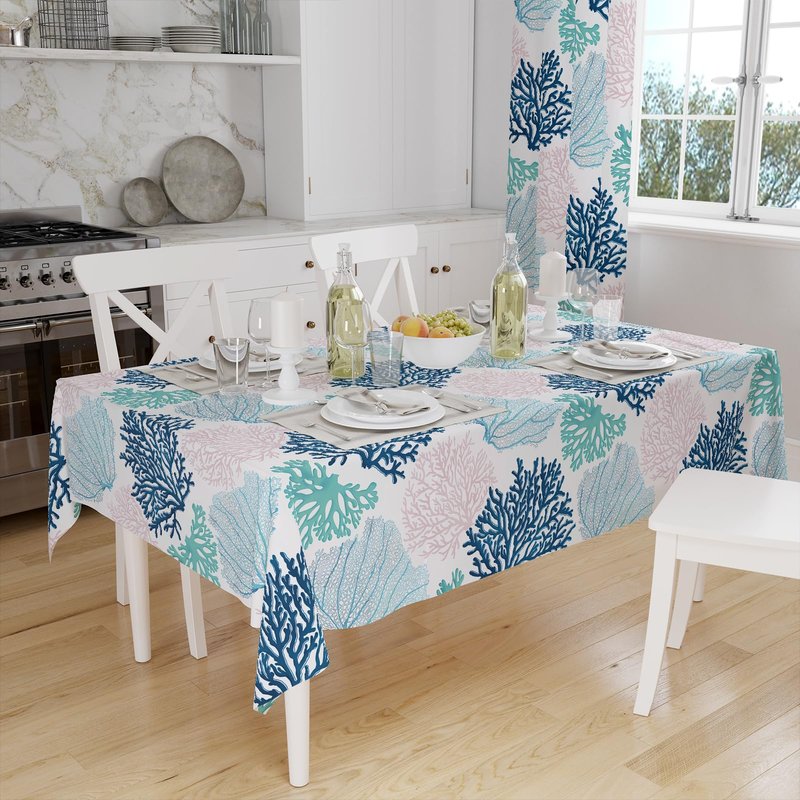 Ocean Tablecloth Coastal Nautical Rectangle Tablecloth Coral Print Ocean Themed Beach Decorative Waterproof Table Covers for Outdoor Dining Room Kitchen Living Room, 60x102 Inches, Navy/Blue/Teal/