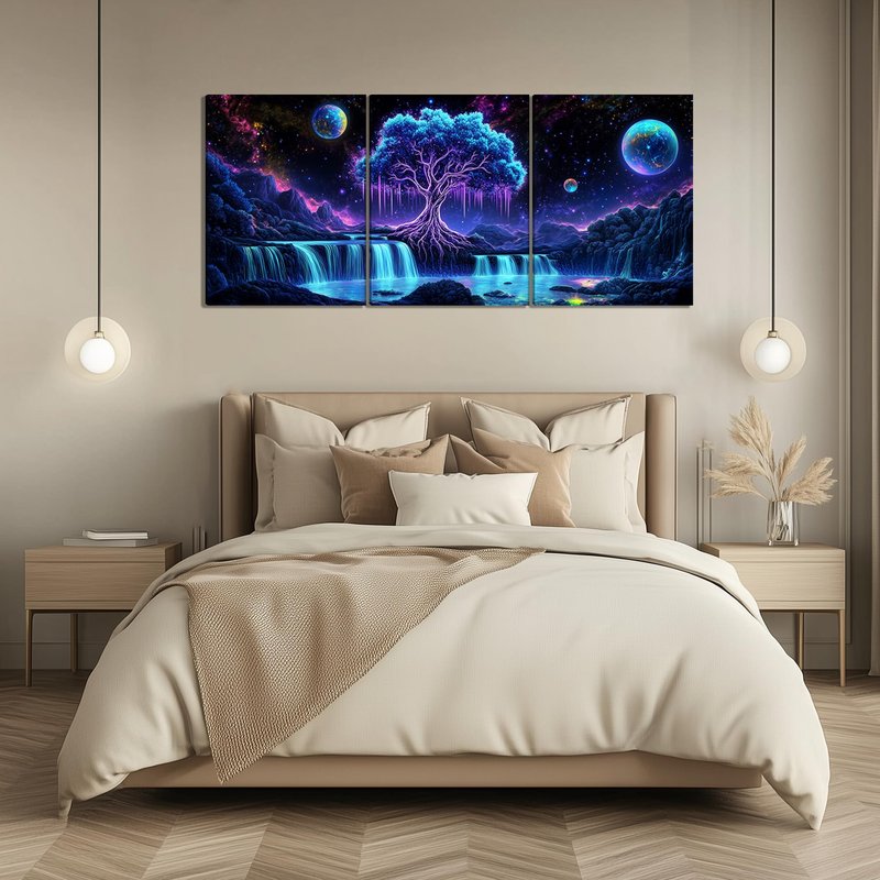 KFYMP Tree of Life Wall Art – 3 Piece Galaxy Canvas Prints – Large Fantasy Waterfall and Space Wall Decor – Spiritual Modern Artwork for Living Room – 16x24 Inch