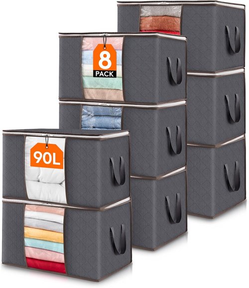 Lifewit 90L Clothes Storage Bins - 8 Pack Foldable Bags with Lids & Clear Windows | Ideal for Bedding & Closet Organization