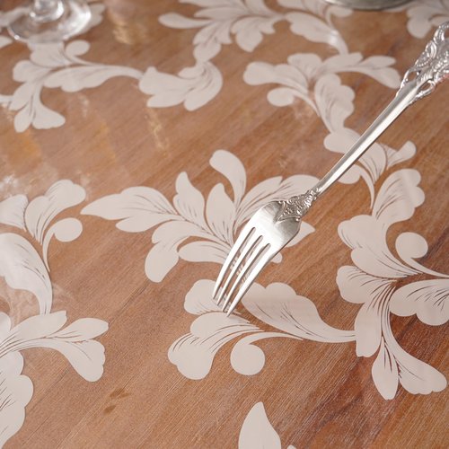 Artbloss Vinyl Table Cloth Rectangle Clear Table Cover Protector with Block Printed Pattern Oil Spill Proof Farmhouse Rustic Plastic Table Covers for Dining Tables (Scroll Grass, 55 x 120 Inches)
