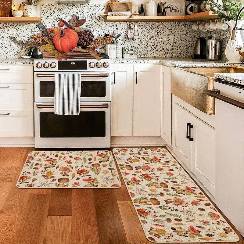 Baccessor Mushroom Fall Kitchen Mats Set of 2, Autumn Kitchen Rugs for Floor Low-Profile Farmhouse Fall Thanksgiving Home Decor 17x29 and 17x47 Inch
