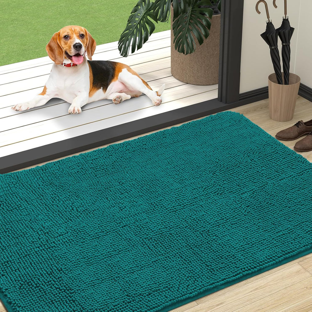 OLANLY Dog Door Mat - Absorbent Non-Slip Chenille Mat for Muddy Paws | 47x32 Inches, Lake Blue