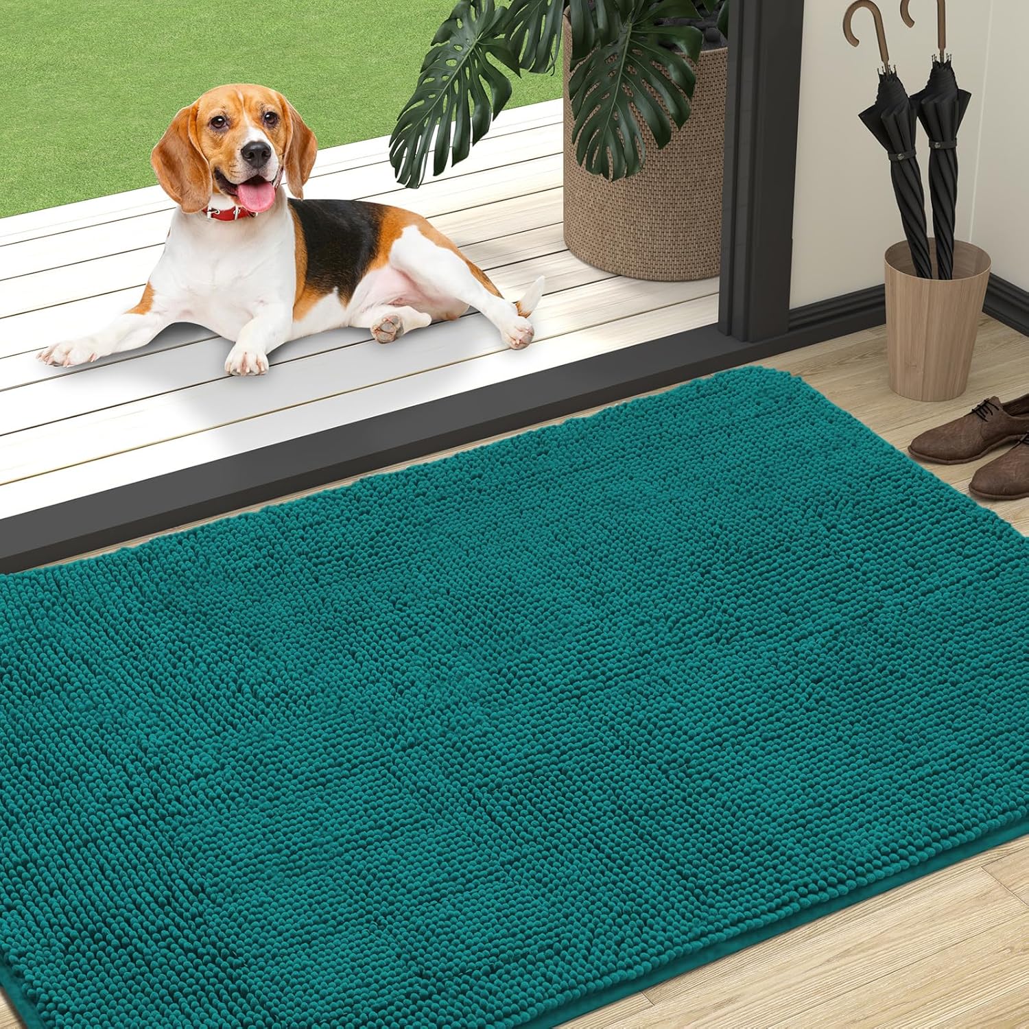 OLANLY Dog Door Mat - Absorbent Non-Slip Chenille Mat for Muddy Paws | 47x32 Inches, Lake Blue