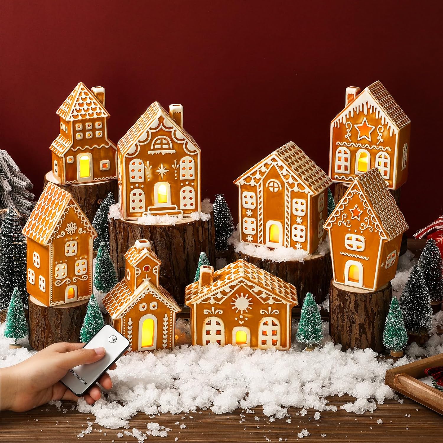 WILLBOND LED Gingerbread Christmas Village Set - 29 PCS Lighted Ceramic Houses & Trees with Remote Control