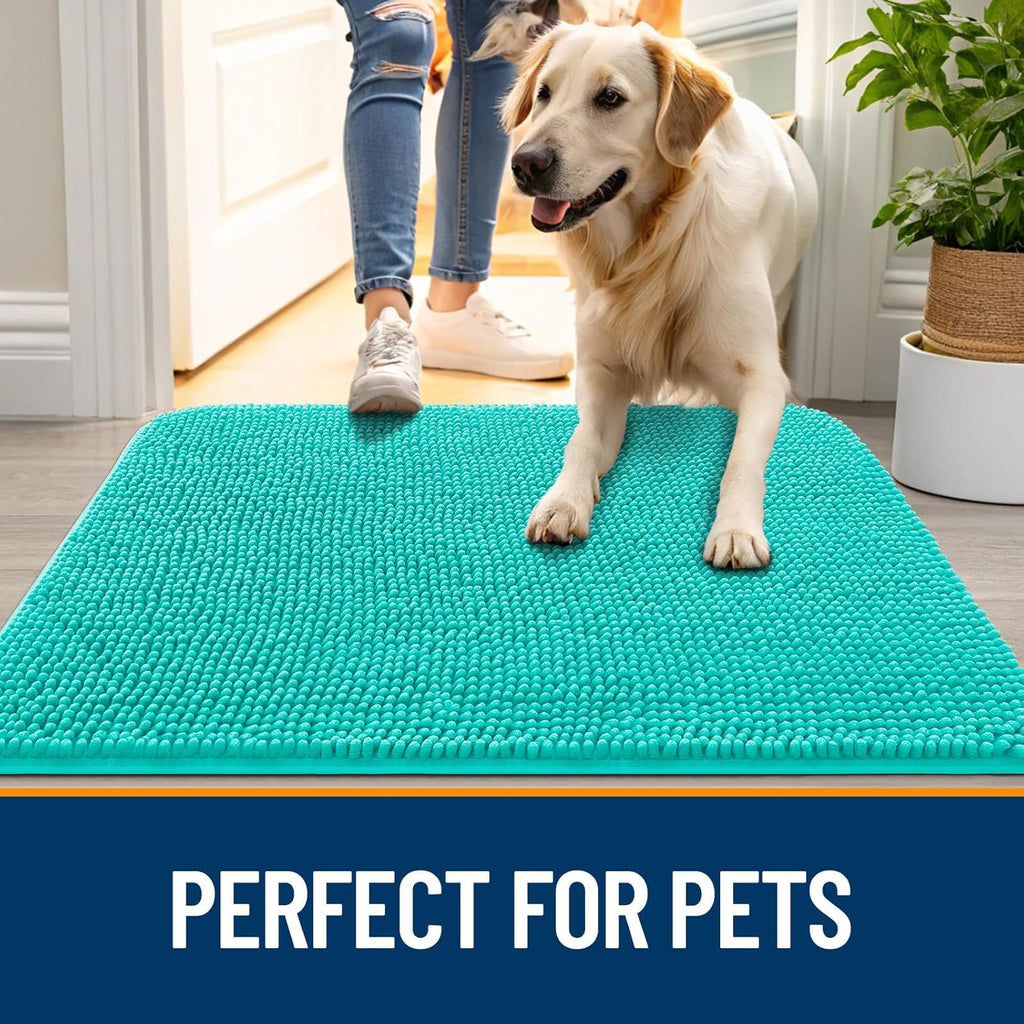 OLANLY Dog Door Mat - Absorbent Non-Slip Chenille Mat for Muddy Paws | 34x21 Inches, Teal Color