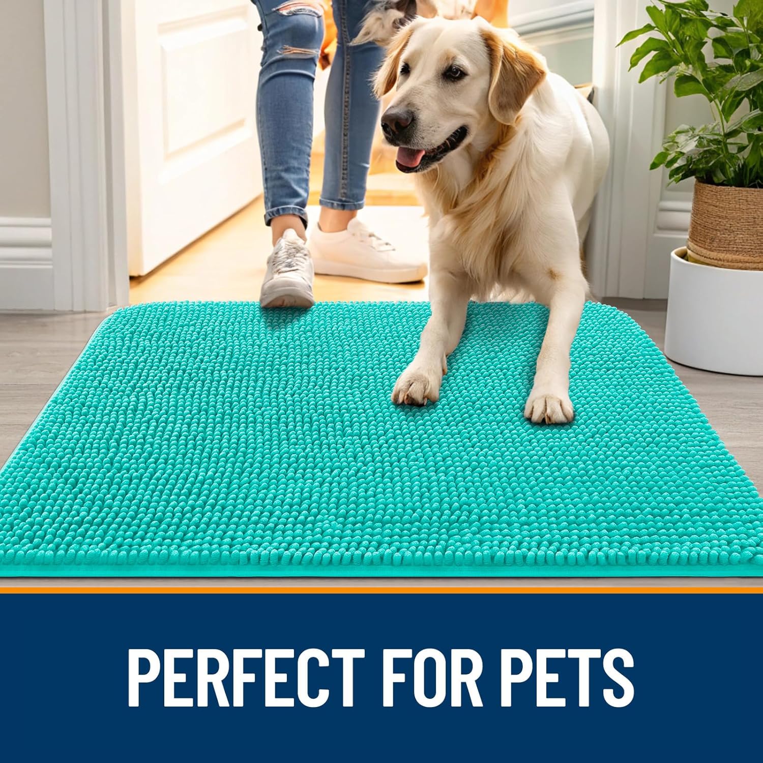 OLANLY Dog Door Mat - Absorbent Non-Slip Chenille Mat for Muddy Paws | 30x17 Inches, Teal Color