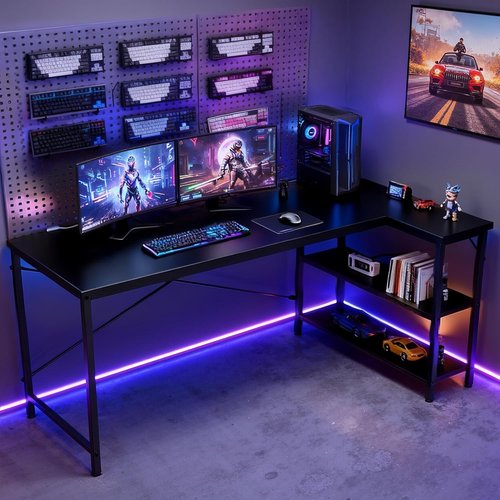 DUMOS L-Shaped Desk - 47 Inch Computer Desk with Reversible Storage Shelves - Modern Black for Home Office & Gaming