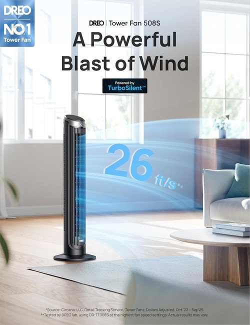 DREO Smart Tower Fan - 90° Oscillating 40" Standing Fan with 5 Speeds & Quiet Operation | Voice Control & Timer, Silver