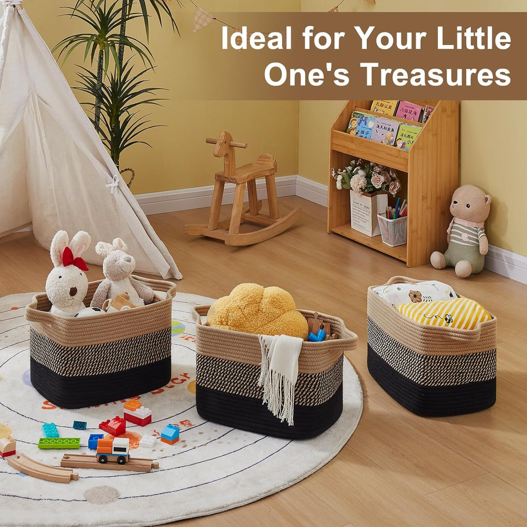OIASKET Storage Baskets - Woven Organizing Bins for Toys & Books | Pack of 3 (Black & Brown, 13"x9.85"x8.7")