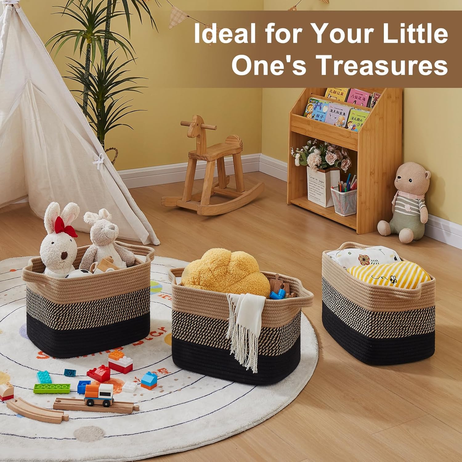 OIASKET Storage Baskets - Woven Organizing Bins for Toys & Books | Pack of 3 (Black & Brown, 13"x9.85"x8.7")