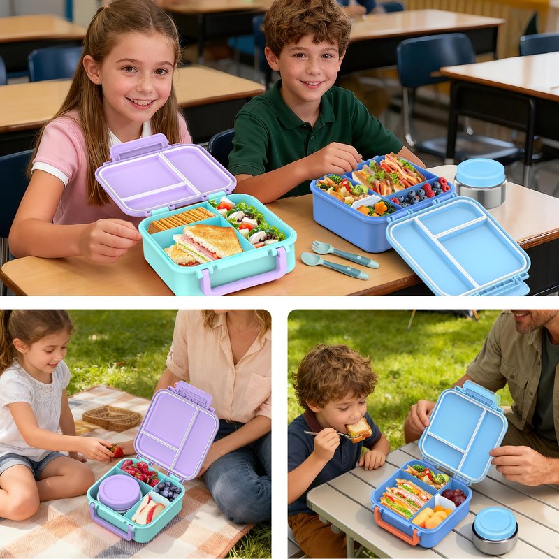 BEAQUEE Bento Box for Kids with Soup Thermos(9oz)– Kid Bento Lunch Box with Leak Proof Insulated Food Jar, Hot & Cold Lunch Container Set for School Girls Boys, 4-Compartments, Purple/Blue