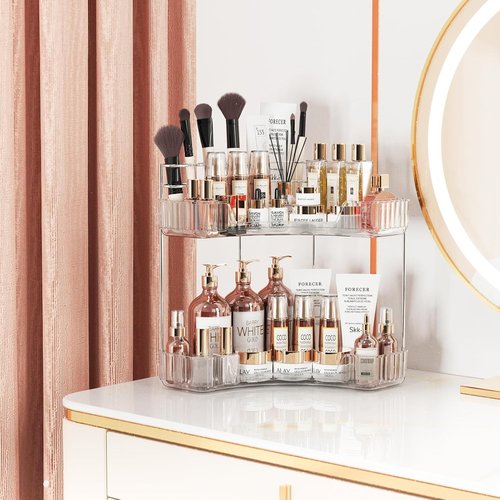 Asayuee 2-Tier Corner Bathroom Organizer - Large Makeup & Skincare Holder with Toothbrush Slots | Clear