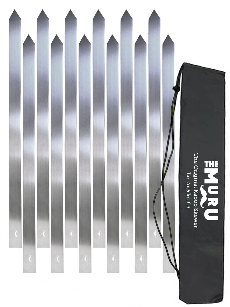 Muru Skewers - The Original Kabob Skewers, 304 Stainless Steel 1.25" Thick for Even Cooking - Heavy-Duty BBQ Koobideh Kabob, Reusable & Easy to Clean (12)