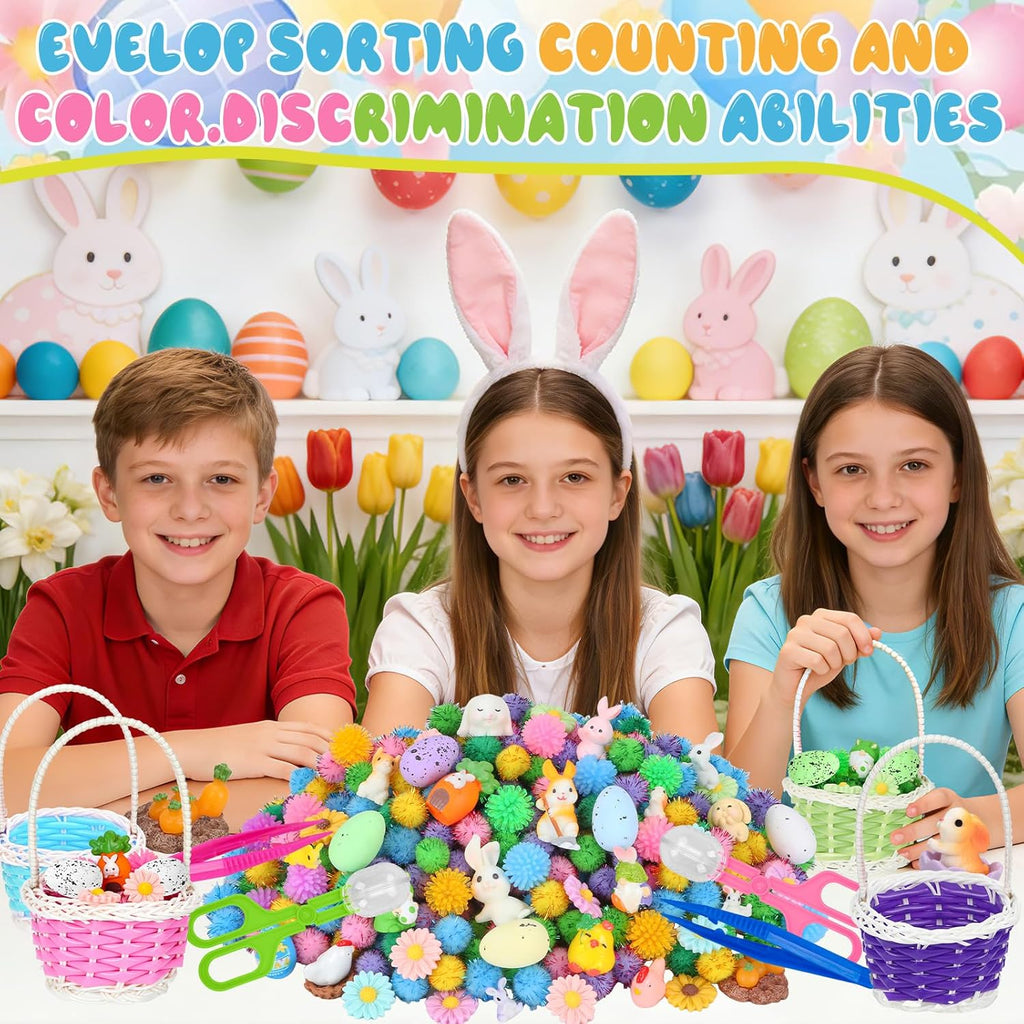 Spring Sensory Bin Filler by Easter - 287 Pcs with Eggs, Bunnies, Felt Flowers & Pom Poms for Counting & Sorting