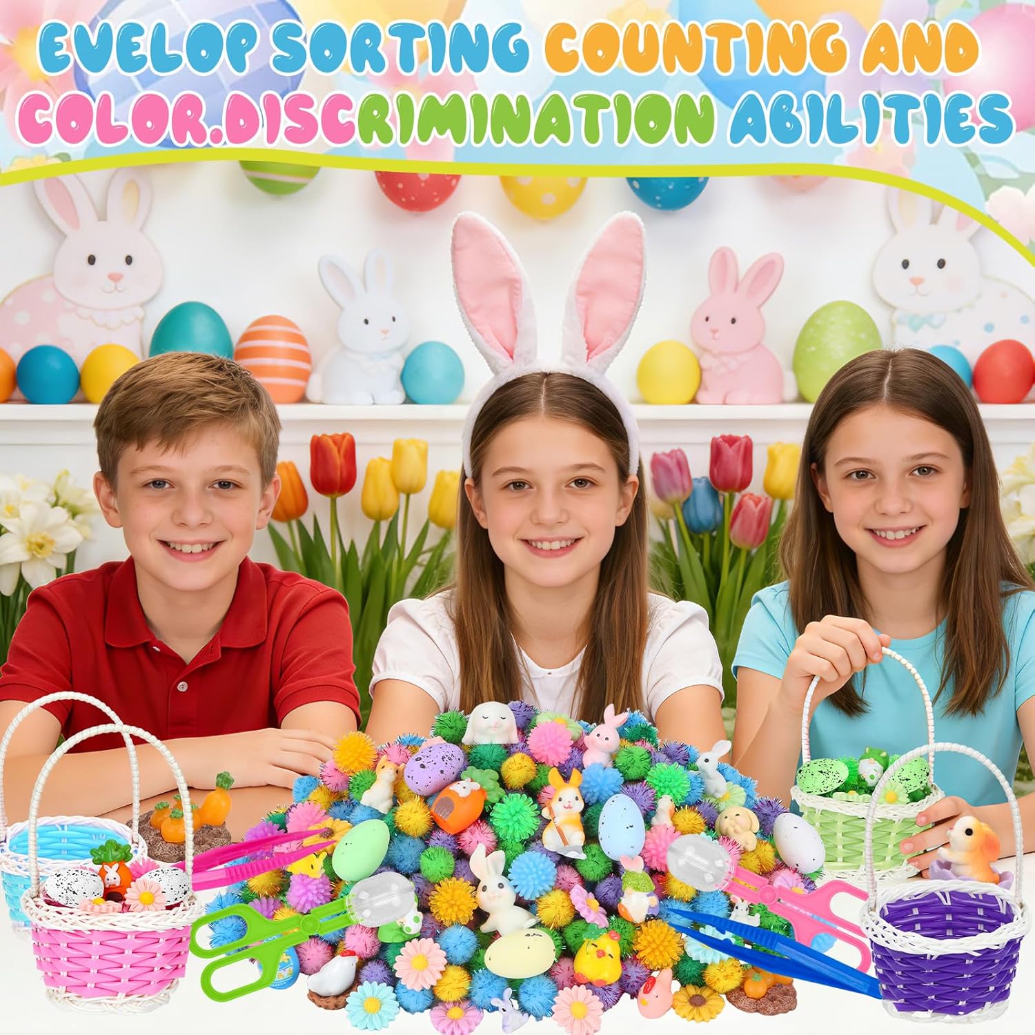 Spring Sensory Bin Filler by Easter - 287 Pcs with Eggs, Bunnies, Felt Flowers & Pom Poms for Counting & Sorting