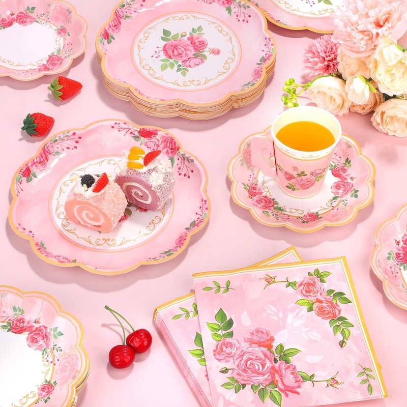 Kochorie 96 Pieces Floral Paper Tea Cups and Saucers 9 Oz Teacups with Handle 9 Inch and 7 Inch Paper Plates Saucers Napkins Disposable Tea Party Supplies Serve 24 for Wedding Baby Shower Party, Pink