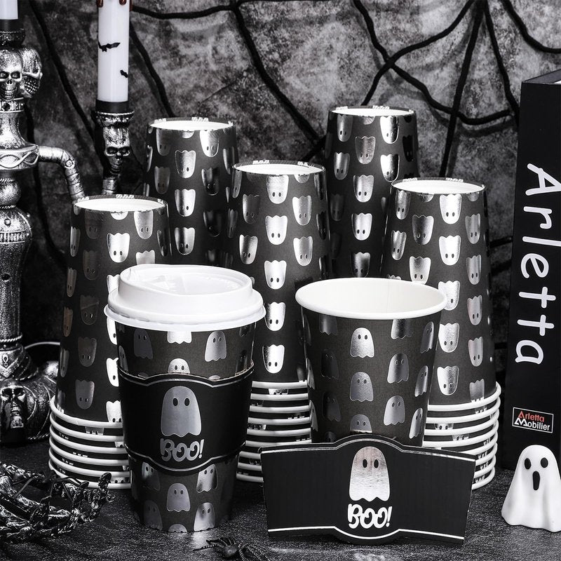Whaline 50Pcs 16Oz Halloween Disposable Coffee Cups with Lids and Sleeves Spooky Foil Silver Ghost Boo Paper Drinking Cup for Trick or Treat Birthday Party Supplies