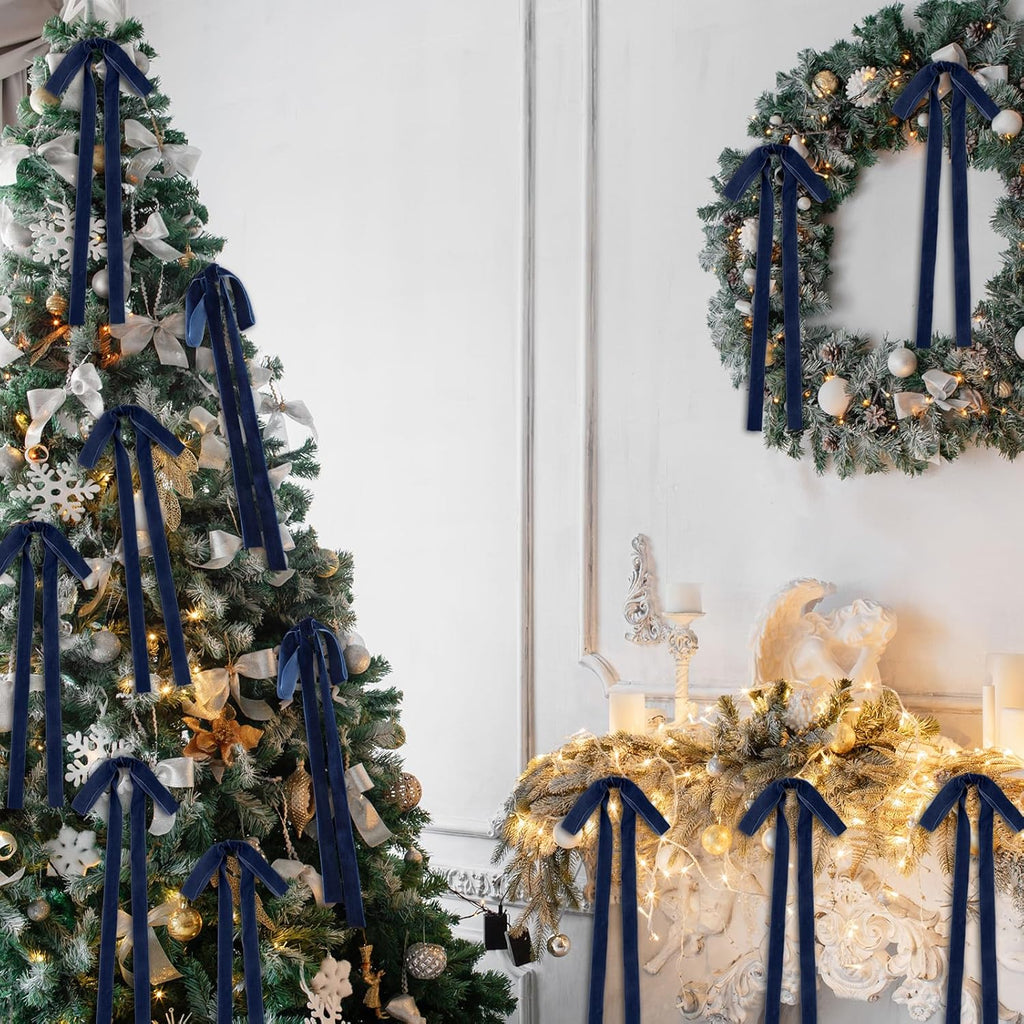 Skiennix 24 Pcs Velvet Bows - Vintage Ribbon Bows for Christmas Tree & Crafts | Navy Blue, 9 x 13 Inch