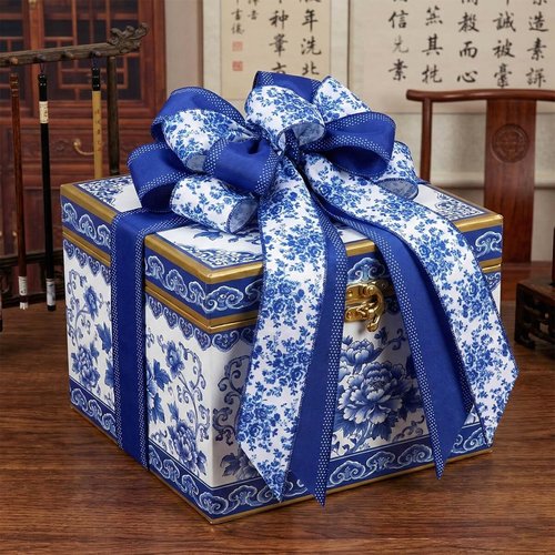 Chinoiserie Blue Wreath Bow - 21 Inch Large Floral Wired Ribbon for Spring Door Decor