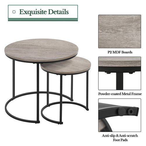 Yaheetech Nesting Coffee Table Set of 2, Nesting Table, Rustic Stacking Side Tables, Nesting End Table Set w/Round Wooden Tabletop and Sturdy Metal Base for Living Room,Small Space, Gray