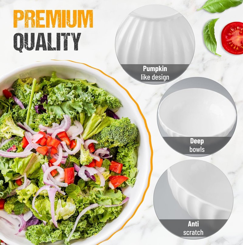 White Serving Bowls For Entertaining (7.8 inch) - Medium Sized Salad Bowls, Ceramic Serving Dishes, Large Bowl, Serving Bowl Set For Fruit Soup Pasta, Salad Serving Bowl, Big Dishes For Eating