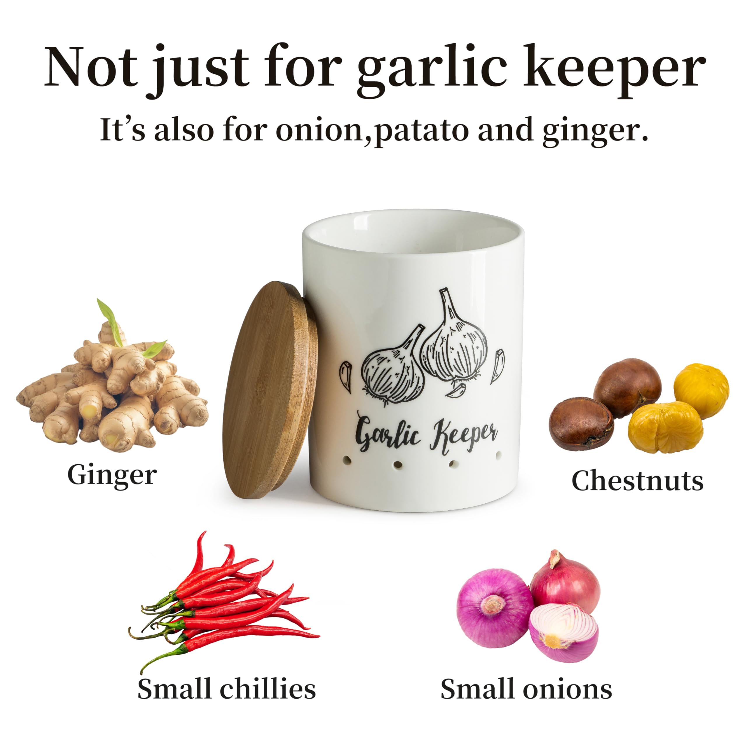 LYEOBOH Garlic Keeper, Garlic Storage, Garlic Holder, Large Ceramic Garlic Keeper with Wooden Lid, Garlic Jar, Garlic Storage Container, White