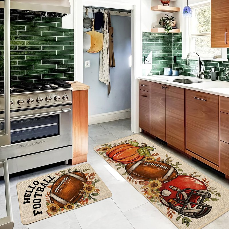 Baccessor Fall Rugby Pumpkins Kitchen Mats Set of 2,Autumn Football Pumpkins Helmet Low-Profile Non Slip Absorbent Kitchen Mat Rugs for Floor Farmhouse Thanksgiving Home Decor 17x29 and 17x47 Inch