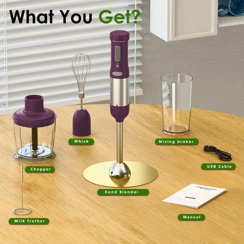 WHUTO Cordless Immersion Hand Blender, 5-in-1 Variable Speed blender handheld,Rechargeable with 2000mAh Battery, BPA-Free & Dishwasher-Safe Accessories:700ml Beaker,Chopper,Whisk & Milk Frother,Plum