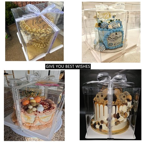 NROZIET 6 Pack Clear Cake Box, 2-Layer Transparent Cakes Box with Ribbon, 10" X 10" X 9" Tall Cake Carrier Boxes with Sturdy Board for Bakery Dessert Bread Pastry Birthday Parties, Wedding Graduation