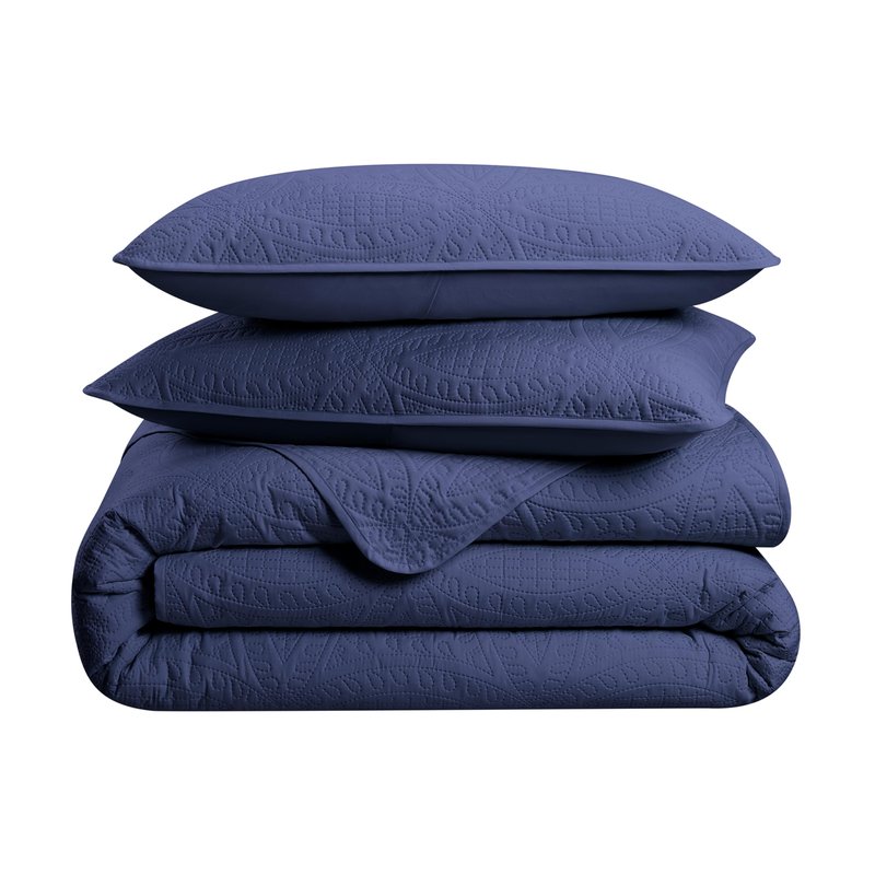 Traditions by Waverly Vintage Medallion Pinsonic 3 Piece Quilted Solid Bedding Set, King Bed Set with 2 Pillow Shams and Quilt, Lightweight and Machine Washable, Navy