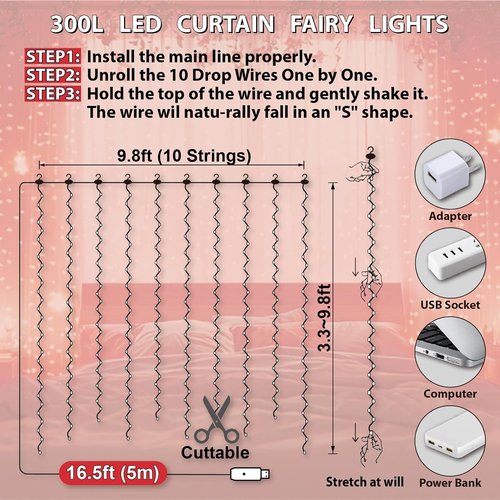 HXWEIYE 300LED Fairy Curtain Lights - 9.8x9.8Ft USB Plug-In with Remote | 8 Modes for Wedding & Bedroom Decor, Red
