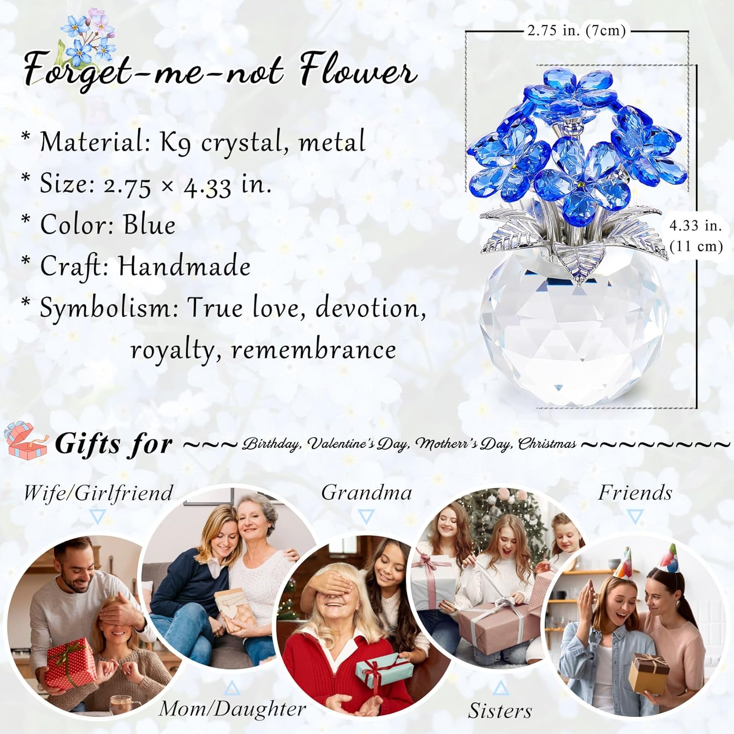 YWHL Blue Crystal Forget Me Not Flowers - Handmade Glass Bouquet Figurine | Perfect Gift for Women