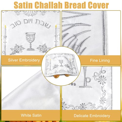 HunnmingRe 4 Pieces White Satin Challah Bread Cover Shabbat Candlestick Silver Embroidery Challah Cover for Shabbat Bread 20 x 16 Inch Tabletop Decorations Israel Judaica Gift